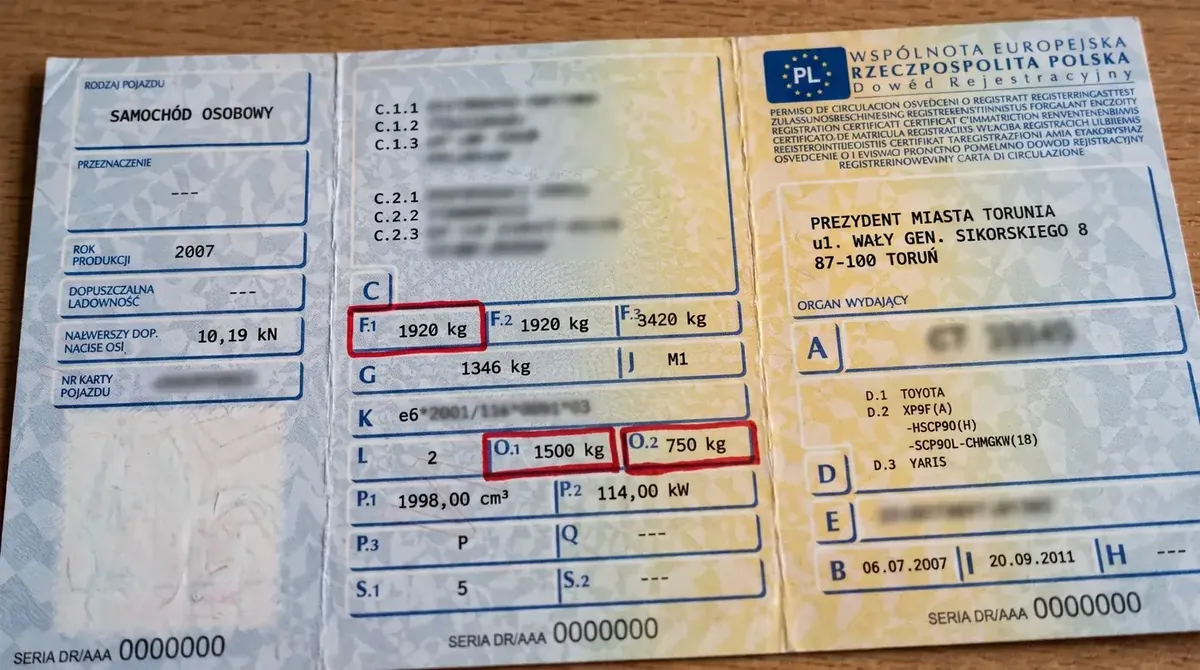 Dowód rejestracyjny samochodu osobowego z zaznaczonymi polami F.1 (DMC auta), O.1 i O.2 (masa przyczepy z hamulcem i bez hamulca)