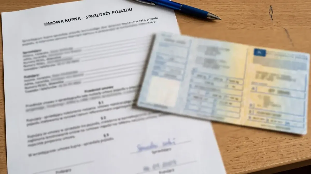Umowa kupna-sprzedaży pojazdu i dowód rejestracyjny na stole, dane zamazane
